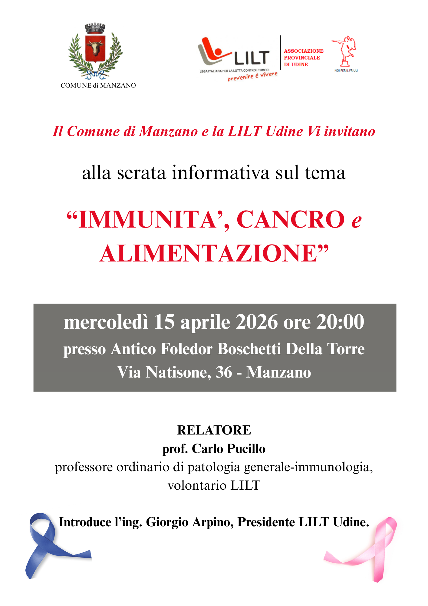 “IMMUNITA’, CANCRO e ALIMENTAZIONE” 15 aprile 2026
